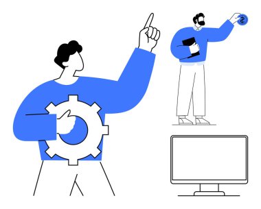 Two people collaborating one holding a gear symbolizing problem-solving, the other with documents and a coin. Ideal for teamwork, efficiency, technology, innovation, strategy, collaboration