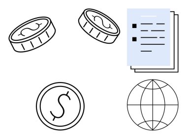 Coins representing currency, documents symbolizing transactions, and a globe for worldwide trade. Ideal for finance, economy, banking, business, commerce globalization strategic planning. Simple