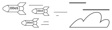Rockets labeled DDoS advancing toward a cloud, representing a cyberattack on cloud infrastructure. Ideal for cybersecurity, cloud defense, online threat management, IT risk, digital security, hacking