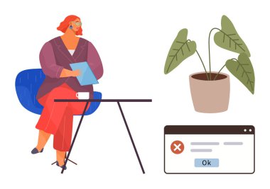 Woman seated with a document and coffee by a table, a potted plant, and a screen showing an error. Ideal for productivity, troubleshooting, remote work, multitasking, office decor, focus simple flat