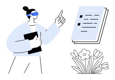 Woman wearing a VR headset pointing at a digital checklist while holding a tablet, accompanied by outlined flowers. Ideal for technology, productivity, education, innovation, futuristic design