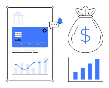 Tablet screen displaying payment card and analytics, dollar bag symbolizing funds, and bar chart. Ideal for fintech, growth, saving, transactions, app design economy analysis. Simple flat metaphor