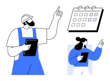 Mühendis ve müdür görevleri tartışıyor, takvimi referans alıyor. Takım çalışması, proje yönetimi, programlama, zaman yönetimi, planlama, iletişim işbirliği için ideal. Temiz, düz metafor