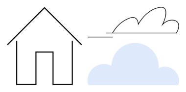 Outline of a house, one abstract linear cloud, and one filled blue cloud. Ideal for real estate, housing concepts, weather, comfort, security simplicity and modern design. Clean flat metaphor