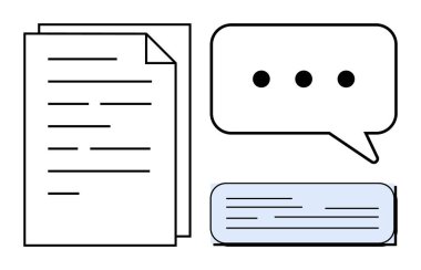 Stack of papers, chat bubble, and digital message symbolizing communication, reading, writing, collaboration, information sharing, work productivity education and messaging. Simple flat metaphor
