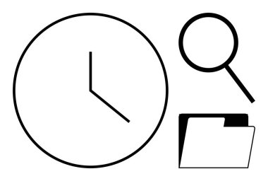 Large clock, detailed magnifying glass, and open folder emphasizing time tracking, research, and organization. Ideal for productivity, analysis, search, record-keeping work efficiency task