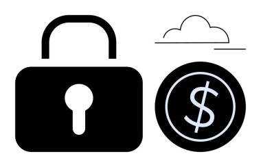 Large lock icon, dollar coin with financial symbol, and cloud element. Ideal for cybersecurity, online banking, digital security, financial transactions, cloud savings, encryption simple flat