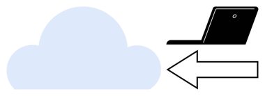Cloud and laptop connected by a leftward arrow represent data sharing, cloud sync, or backup. Ideal for technology, communication, network, storage, IT, web services simple flat metaphor