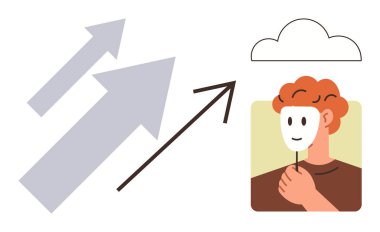 Arrows pointing upward symbolize growth, while a person holding a mask signifies self-exploration and authenticity. Ideal for personal growth, self-awareness, success, transformation, motivation