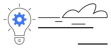 Light bulb with a gear symbol suggesting innovation, clouds in motion representing growth, speed, and creativity. Ideal for technology, innovation, cloud storage, energy, idea problem-solving