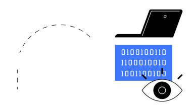 Laptop and blue binary code monitored by an eye, symbolizing data privacy, security, surveillance, technology insights. Ideal for cybersecurity, tech monitoring, privacy, online tracking digital