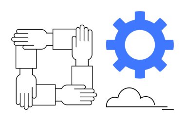 Four interlocked hands forming a square and a blue gear beside a cloud. Ideal for teamwork, collaboration, innovation, technology, support, problem solving, system integration. Simple flat metaphor