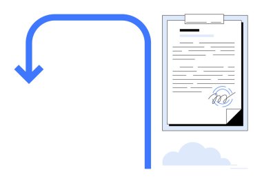 Blue arrow curving to signed document on clipboard, symbolizing digital contracts. Ideal for signing processes, approval workflow, business agreements, automation, organization, efficiency, simple