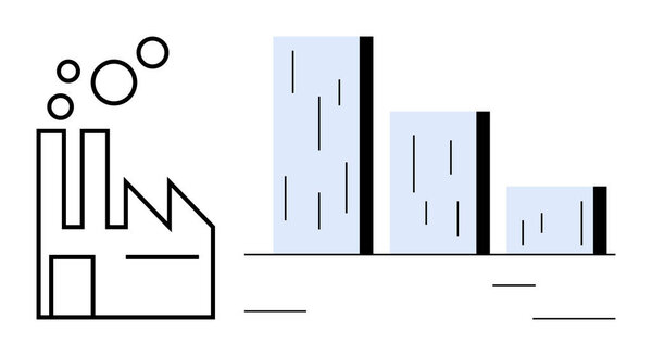Factory emitting bubbles next to a three-bar chart in ascending order. Ideal for business, economy, industrial growth, data analysis, manufacturing, progress, and market development. Minimal flat