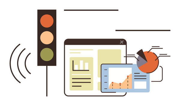 Traffic light beside dashboards showing charts, graphs, and analytics on digital screens. Ideal for technology, analytics, traffic control, automation, urban planning, data visualization simple flat