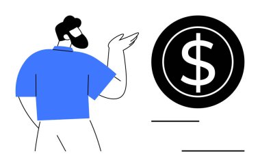 Person gesturing toward a large dollar coin icon, symbolizing financial advice, economic growth, budgeting, investment, savings, income planning, and money management strategies. Simple flat metaphor