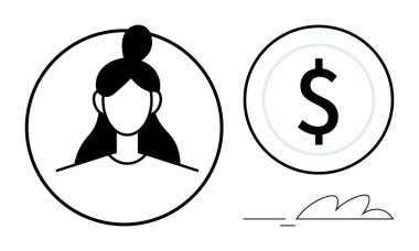 Female figure in a circle beside a dollar icon conveying earning potential and finance. Ideal for business, finance, investment, salary, entrepreneurship, economy, and gender equality themes. Minimal