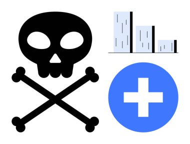 Skull and crossbones symbol near medical cross and bar chart. Ideal for health risks, safety awareness, mortality data, public health, analysis, prevention, danger. Simple flat metaphor