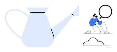 Watering can beside man inspecting with magnifying glass, minimal cloud below. Ideal for growth, analysis, curiosity, environment, sustainability, discovery development. Simple flat metaphor