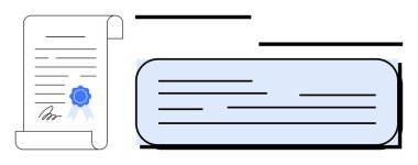 Certified document with blue seal and signature next to a highlighted text section. Ideal for certification, approval, agreement, formalization, contract, validation, credentials. Simple flat