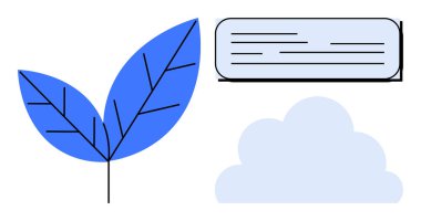 Blue leaves with line details, a rectangular text box, and a soft cloud evoke calm, eco-awareness, and simplicity. Ideal for sustainability, nature, eco-tech, mindfulness wellness modern