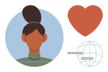 Woman avatar in blue circle, large red heart, stylized globe with lines. Ideal for identity, global connection, communication, diversity, compassion care universal love. Simple flat metaphor
