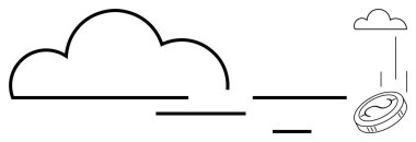 Minimalist cloud outline with a coin descending, representing cloud technology, digital finance, data storage, blockchain, online transactions, modern IT solutions, and innovation. Ideal