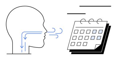 Human head with airflow representing breathing aligned with a calendar suggesting planning. Ideal for health, wellness, scheduling, breathing exercises, mindfulness, respiratory health, routine. A