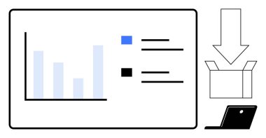 Bar graph and legend on screen, downward arrow pointing to open box, and laptop. Ideal for data management, workflow, download, report processing, logistics business storage. Simple flat metaphor