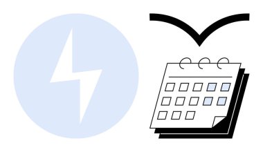 Lightning bolt beside a calendar with flying pages, emphasizing speed, deadlines, planning, and goal setting. Ideal for productivity, scheduling, project management, task prioritization efficiency