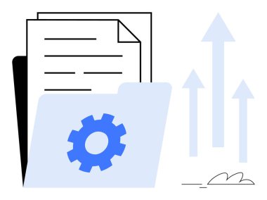 File folder containing papers and gear icon beside upward arrows symbolizing progress, organization, settings. Ideal for teamwork, file organization, growth, productivity, process, business strategy