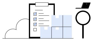 Checklist on clipboard, boxes, magnifying glass, and laptop highlight stock management and data review. Ideal for logistics, quality control, planning, analysis tracking delivery storage. Simple