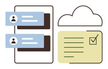 Messaging feed and task checklist under a cloud icon suggest streamlined communication, task organization, and online storage. Ideal for teamwork, remote work, productivity, data sharing, task