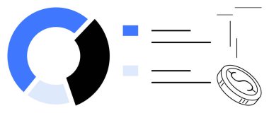 Blue, black, and white pie chart, list with text lines, and coin icon conveying financial insight. Ideal for finance, investment, budgeting data analysis economy accounting and strategy. Simple