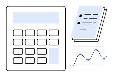 Calculator alongside documents and data graph illustrating business calculations, financial planning, analysis, accounting, auditing, budgeting, and education. Ideal for simple flat metaphor