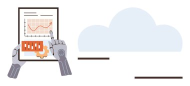 Robotic arms interact with a tablet featuring growth charts and analytics, alongside a cloud icon. Ideal for AI, cloud computing, automation, data processing, technology concepts, futuristic design