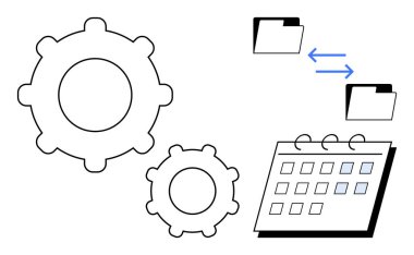 Two gears symbolizing automation, file folders with arrows indicating data exchange, and a calendar for scheduling. Ideal for project management, collaboration, productivity, planning, workflow
