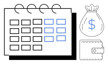 Calendar with highlighted dates, wallet, and money bag symbolize scheduling, savings, and budgeting. Ideal for finance, organization, goal setting, time management payment plans savings tracking