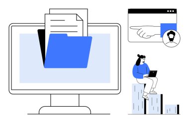 Computer display shows a folder with files, navigation panel with pointing action. Woman on bar chart using laptop. Ideal for teamwork, data sharing, remote work, file organization, online systems