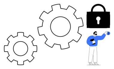 Two large gears and one small gear representing technology. A person with a file interacts with security depicted by a lock. Ideal for technology process, data security, engineering, customization