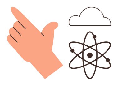 Hand pointing upward, atom structure, and cloud shape symbolize ideas, science, technology, creativity, progress, networking and data conceptualization. Ideal for tech themes and flat metaphor
