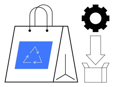 Reusable shopping bag with blue recycling triangle, gear for process, arrow pointing to open box. Ideal for sustainability, eco-friendly packaging, recycling, logistics, waste reduction, process