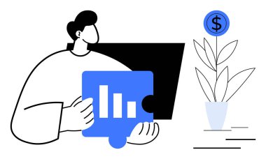 Man holding growth chart puzzle piece near plant sprouting dollar sign. Ideal for financial planning, investment tips, growth strategy, entrepreneurship, problem-solving, business success, simple