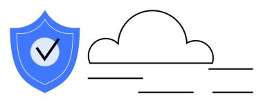 Shield with checkmark and cloud icons connected by minimal lines. Ideal for cybersecurity, data protection, cloud storage, internet safety, technology, reliability, secure access. Simple flat