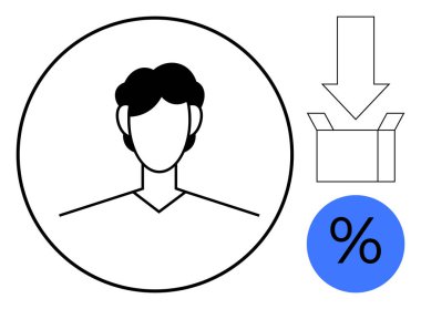 Minimalist user profile inside a circle near downward arrow into a box and percentage icon. Ideal for identity, account creation, e-commerce, personalization, shipping, discounts, rewards. Simple