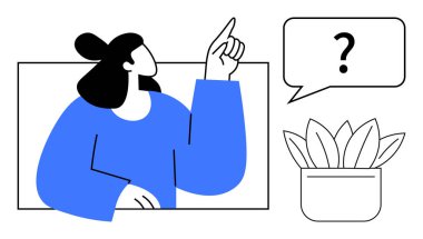 Woman gesturing upward inside a frame, question mark in speech bubble suggesting inquiry or idea, potted plant nearby. Ideal for education, brainstorming, creativity, problem-solving, curiosity