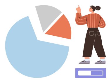 Woman gesturing toward segmented pie chart with progress bar underneath. Ideal for data analysis, stats, presentations, business, decision-making, marketing, and productivity. A simple flat metaphor