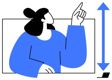 A woman gestures upward with a blue arrow reflecting progress, growth, and achievement. Ideal for business success, leadership, innovation, education, aspiration empowerment motivation. A simple