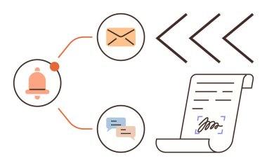 Notification bell, email, chat icons connecting to signed document with arrows indicating progression. Ideal for coordination, workflow, messaging, notifications, agreements, productivity modern