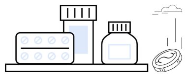 Medicine bottles, a pill blister pack, and a falling tablet. Ideal for healthcare, pharmacy, wellness, treatment, medication management drug safety and medical illustration. A simple flat metaphor